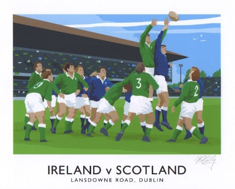 Vintage style travel poster art print of an Ireland v Scotland rugby match at Lansdowne Road, Dublin
