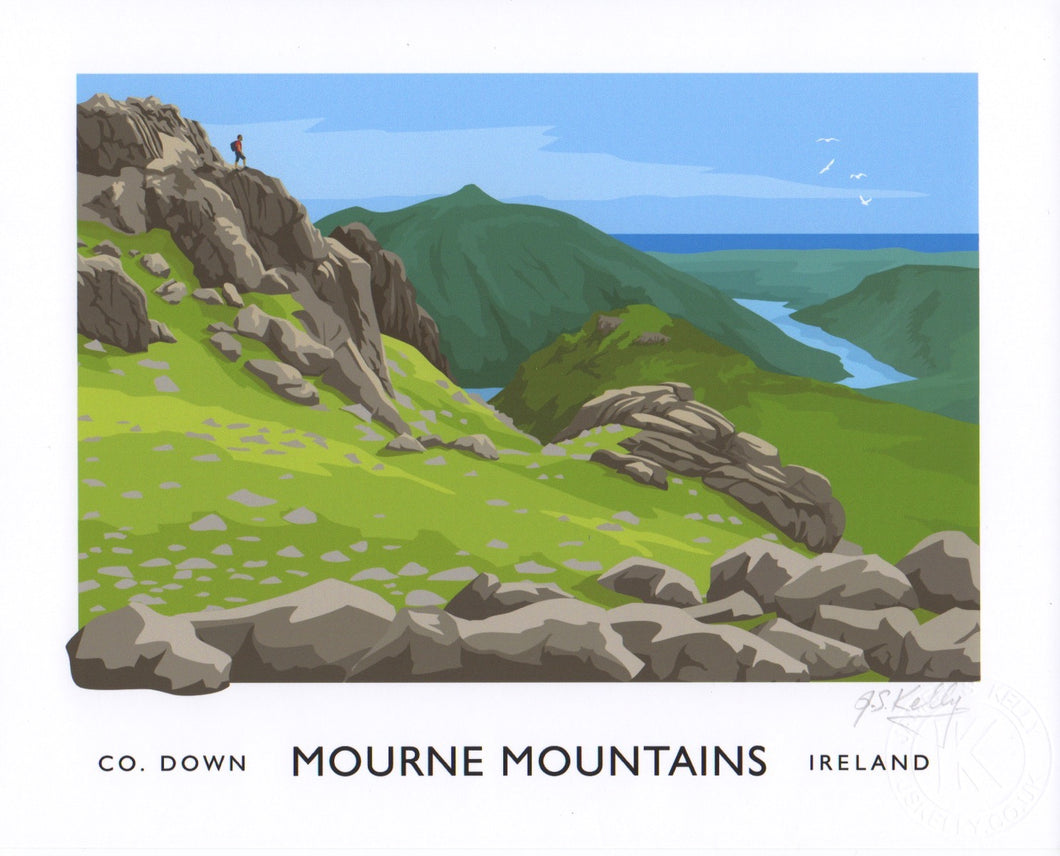 Vintage style travel poster art print of  Slieve Bearnagh in the Mourne Mountains.  The view is from Slieve Bearnagh, looking down on the Silent Valley Reservoir.