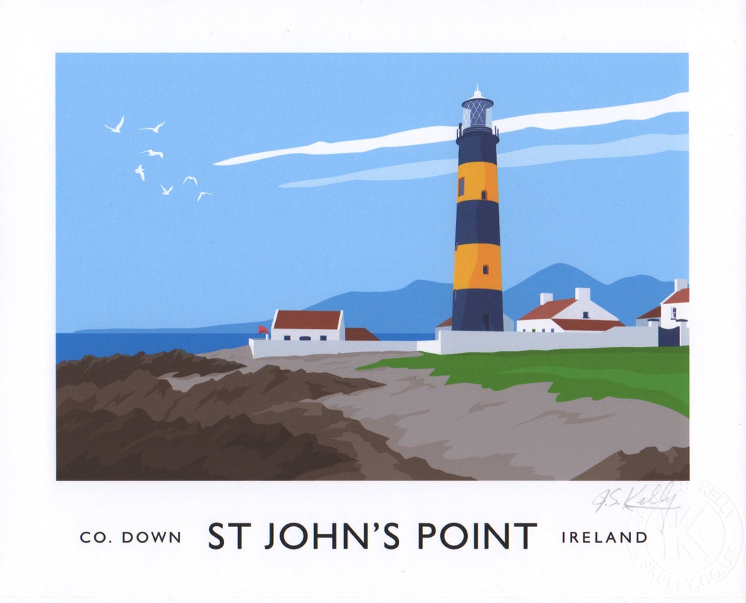 Vintage style art print of St John’s Point Lighthouse and the Mourne Mountains. 