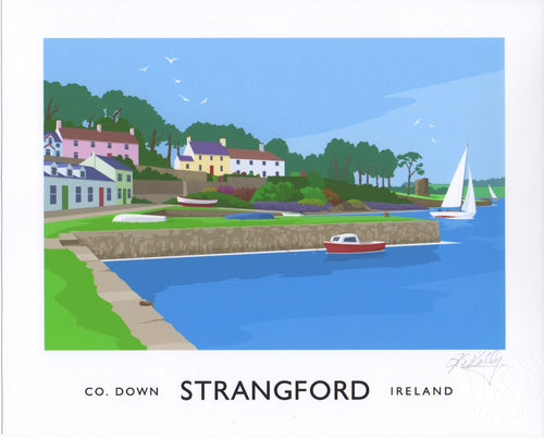 Vintage style art print of Strangford village, County Down.