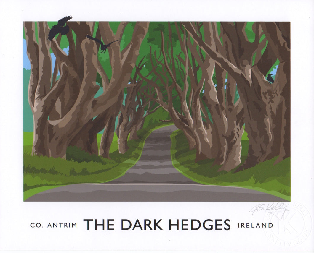 Vintage style art print of the Dark Hedges Dark Hedges, County Antrim, Made famous by the TV series Game of Thrones.