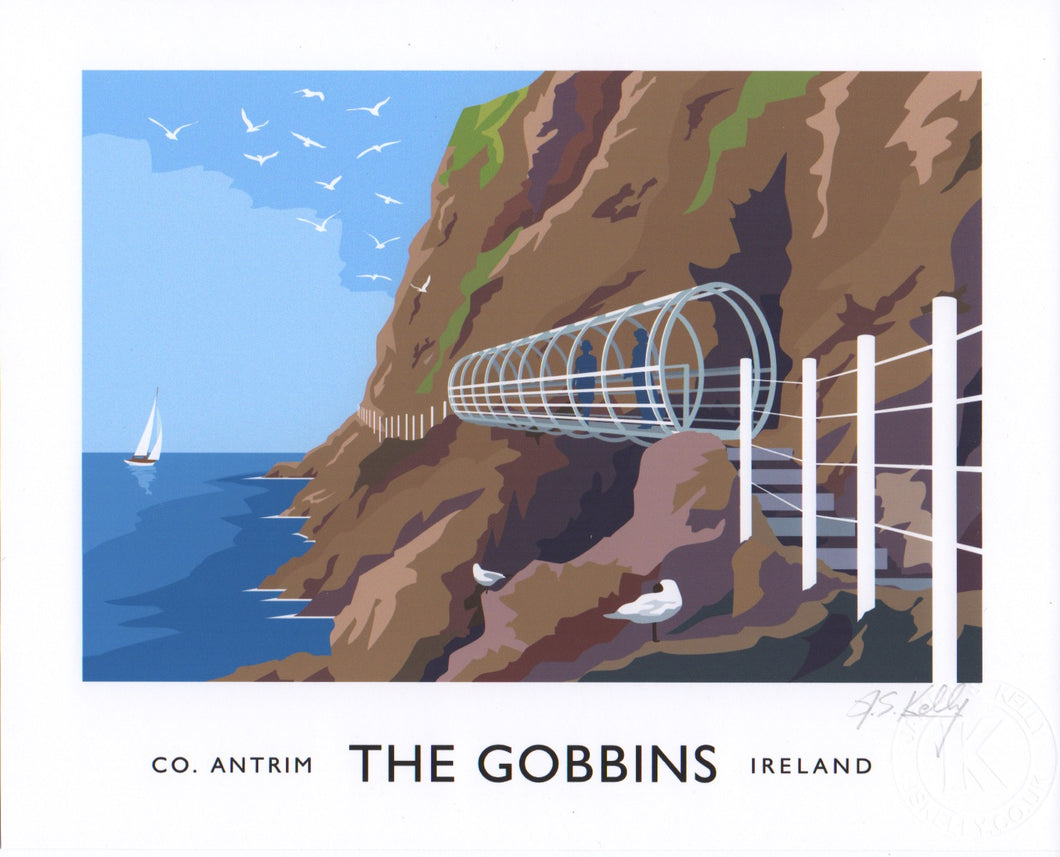 Vintage style art print of The Gobbins coastal path, Antrim. 