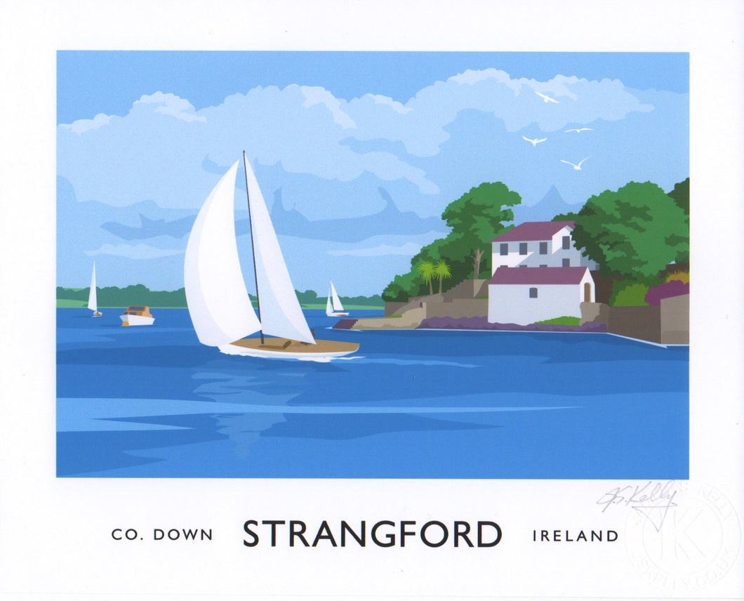 Vintage style art prints of a sailing yacht off The Watch House in the village of Strangford, County Down.