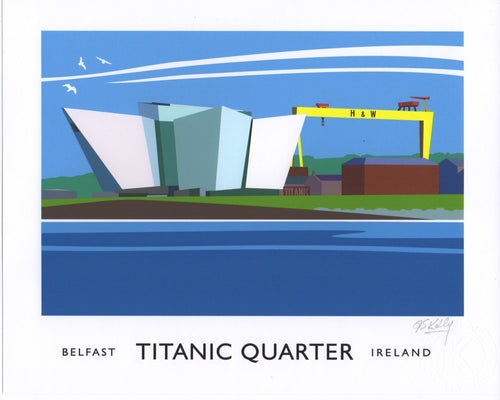 Vintage style art print of the Titanic centre and the famous twin cranes of the Harland and Wolff shipyard, Samson and Goliath.