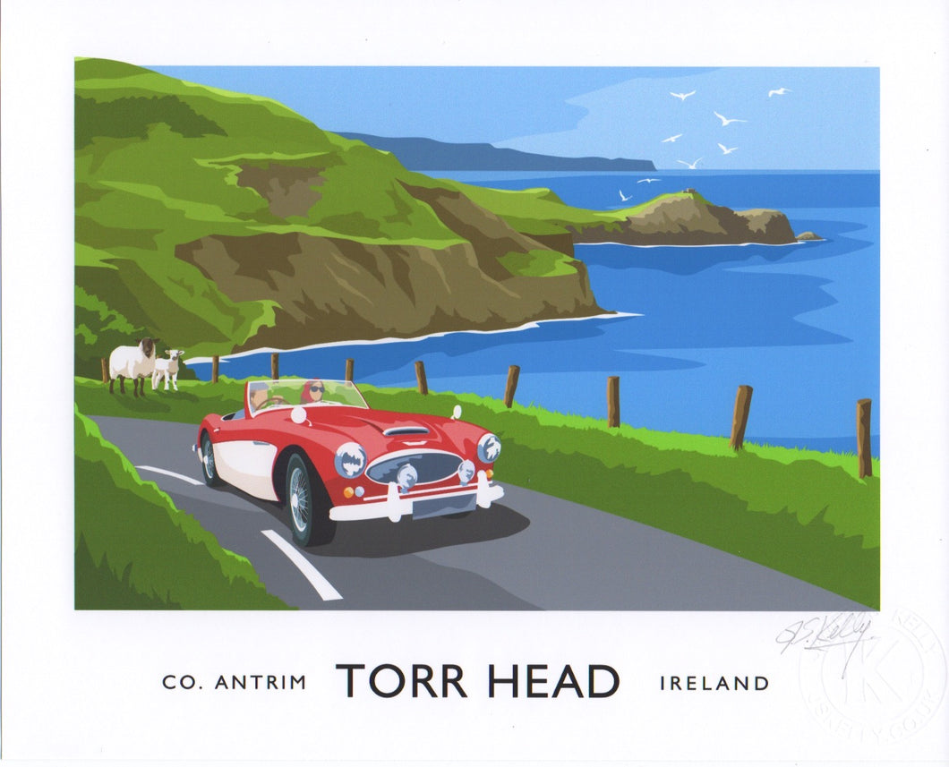 Vintage style art print of an Austin Healey 300 touring the County Antrim coast near Torr Head.