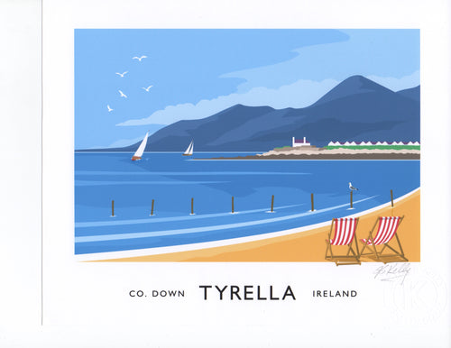 Vintage style art print of Tyrella Beach, County Down Beach with the Mourne Mountains in the background.