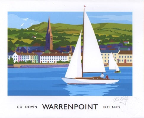 A vintage style art print of sailing yachts on Carlingford Lough off Warrenpoint, County Down.