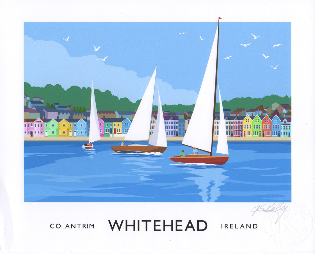 Vintage style art print of sailing yachts at Whitehead on the County Antrim coast. 