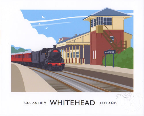 Vintage style art print of a steam train at  Whitehead train station, County Antrim.