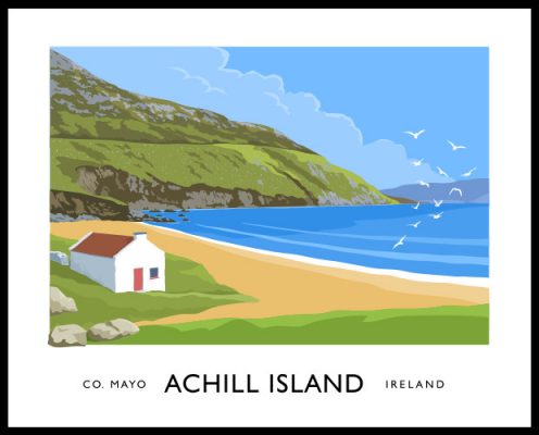 Our Vintage style travel poster art print of the beach at Keem Bay on Achill Island County Mayo makes the perfect Irish gift. 