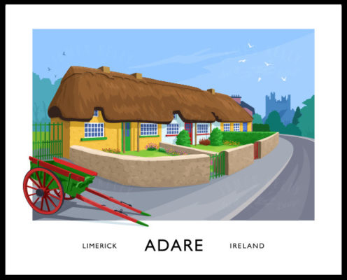 Our vintage style art print of the picturesque row of thatched cottages in Adare, County Limerick makes the perfect Irish gift