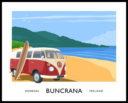 Vintage style art print of Lisfannon beach in County Donegal featuring a classic VW Camper Van. 