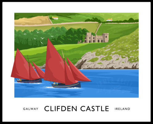 Vintage style art print of two Galway Hooker sailing boats off the Galway coast ner Clifden Castle.