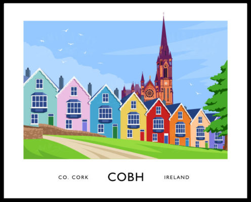 Vintage style art print of the iconic colourful row of houses known as 'The Deck of Cards' in Cobh, County Cork. St Coleman's Cathedral sits proudly in the background.
