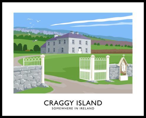 Vintage style travel poster art print of Father Ted’s house on Craggy Island.