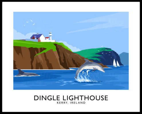 Vintage style art print of dolphins near Dingle Lighthouse, County Kerry.  The brightly painted Dingle Lighthouse with its 7m high cast iron light tower was built in 1885.