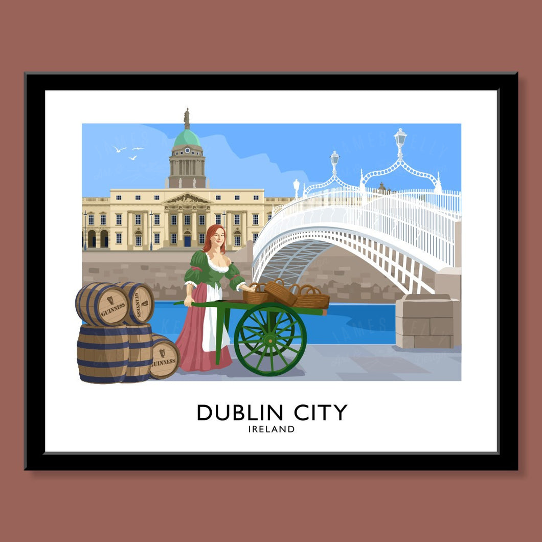 Vintage style art print of Landmarks of Dublin including Customs House, Ha'penny Bridge and  Molly Malone. 