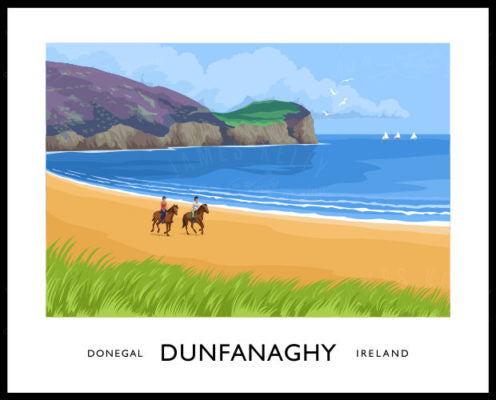 Vintage style travel poster art print of Kilahoey Strand at Dunfanaghy, County Donegal.