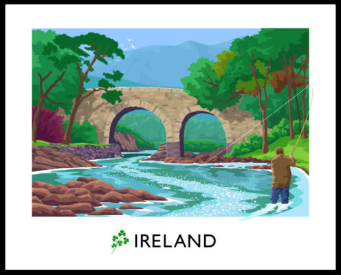 Vintage style art printVintage style art print of a gentleman fly fishing near Old Weir Bridge in Killarney National Park, County Kerry, Ireland.