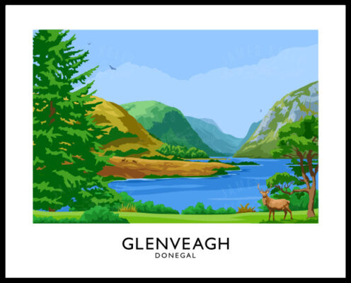 A vintage style art print of Glenveagh National Park, Donegal.