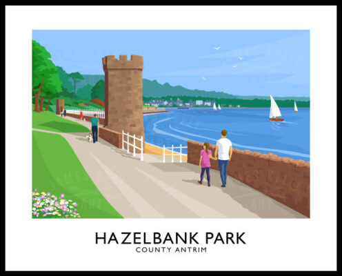 A vintage style poster art print of Hazelbank Park, Newtownabbey, on the shores of Belfast Lough, County Antrim.