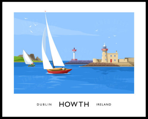 Vintage style art print of Howth Harbour in County Dublin, featuring the lighthouse and Ireland’s Eye (island) in the background. 