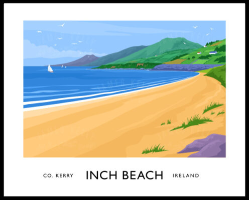 A vintage style poster art print of the magnificent Inch Beach near Dingle, County Kerry, Ireland.