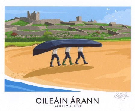 Irish language version - Vintage style travel poster art print of fishermen carrying a currach on the Aran Islands