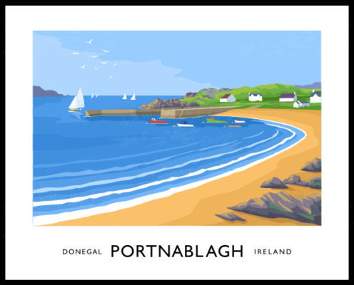 Vintage style art print of the beach and harbour at Portnablagh, County Donegal .
