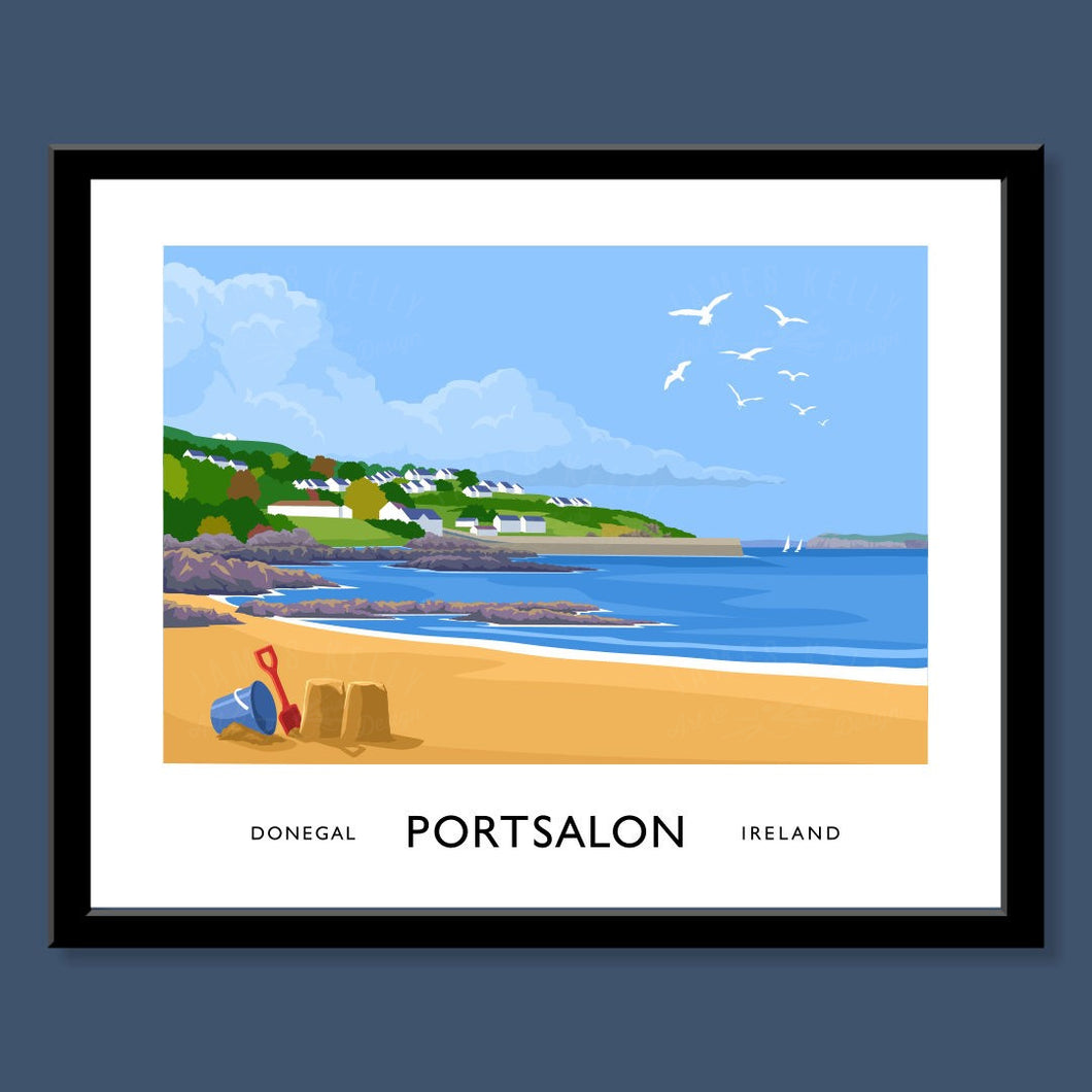 Vintage style art print of the beach and harbour at Portsalon, County Donegal.