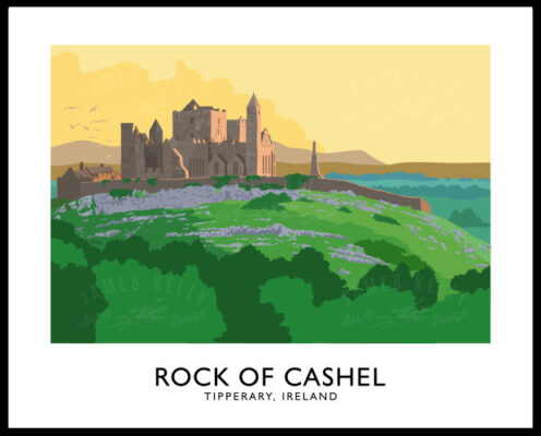 Vintage style travel poster art print of the Rock of Cashel,Tipperary.