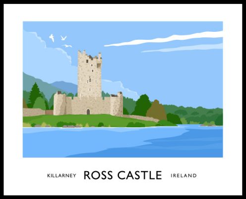 Vintage style art print of Ross Castle, Killarney, County Kerry.