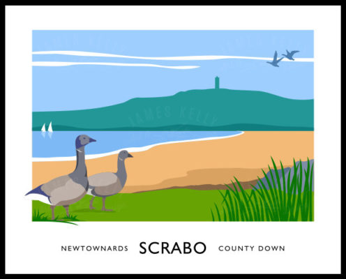 Vintage style art print of Brent geese and Scrabo tower, Newtownards Hill with the Derry Monument (known locally as Scrabo Tower) which proudly overlooks the town of Newtownards, County Down