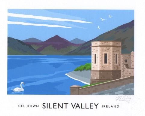 Vintage style art print of Silent Valley Reservoir, Mourne Mountains.