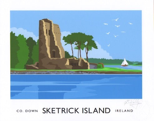 Vintage style art print of the castle on Sketrick Island, Whiterock, County Down.