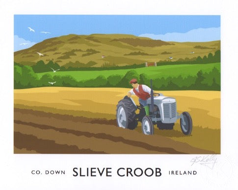 Vintage style art print of a Massey Ferguson tractor near Slieve Croob in County Down.