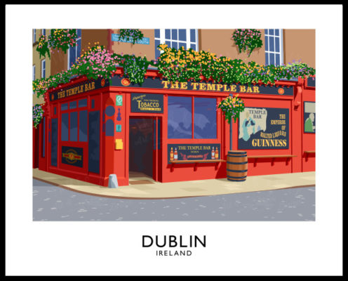 A vintage style art print of the famous Temple Bar  pub in Dublin.