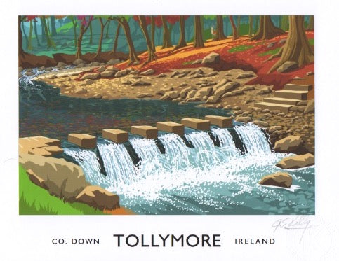 Vintage style art print of the Stepping Stones in Tollymore Forest Park.