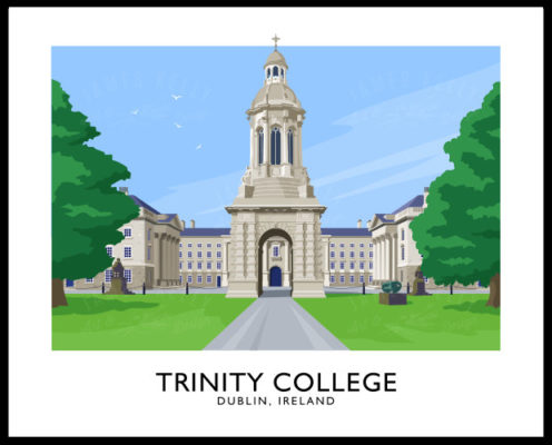 A vintage style poster art print of Trinity College in Dublin, Ireland.